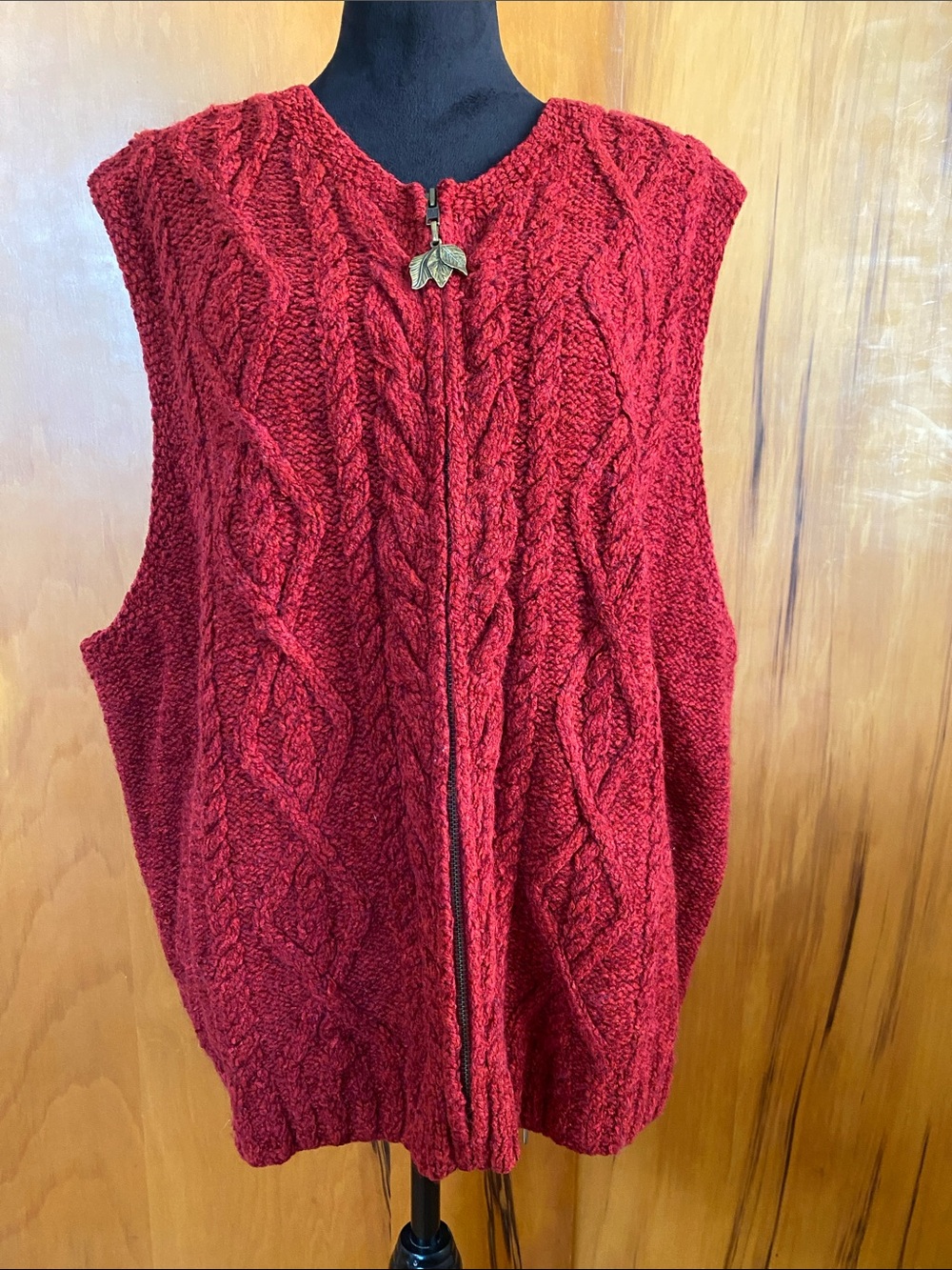 Cable-Knit Wool Blend Full Zip Sweater Cardigan Vest Deep CherryRed Layers Fall